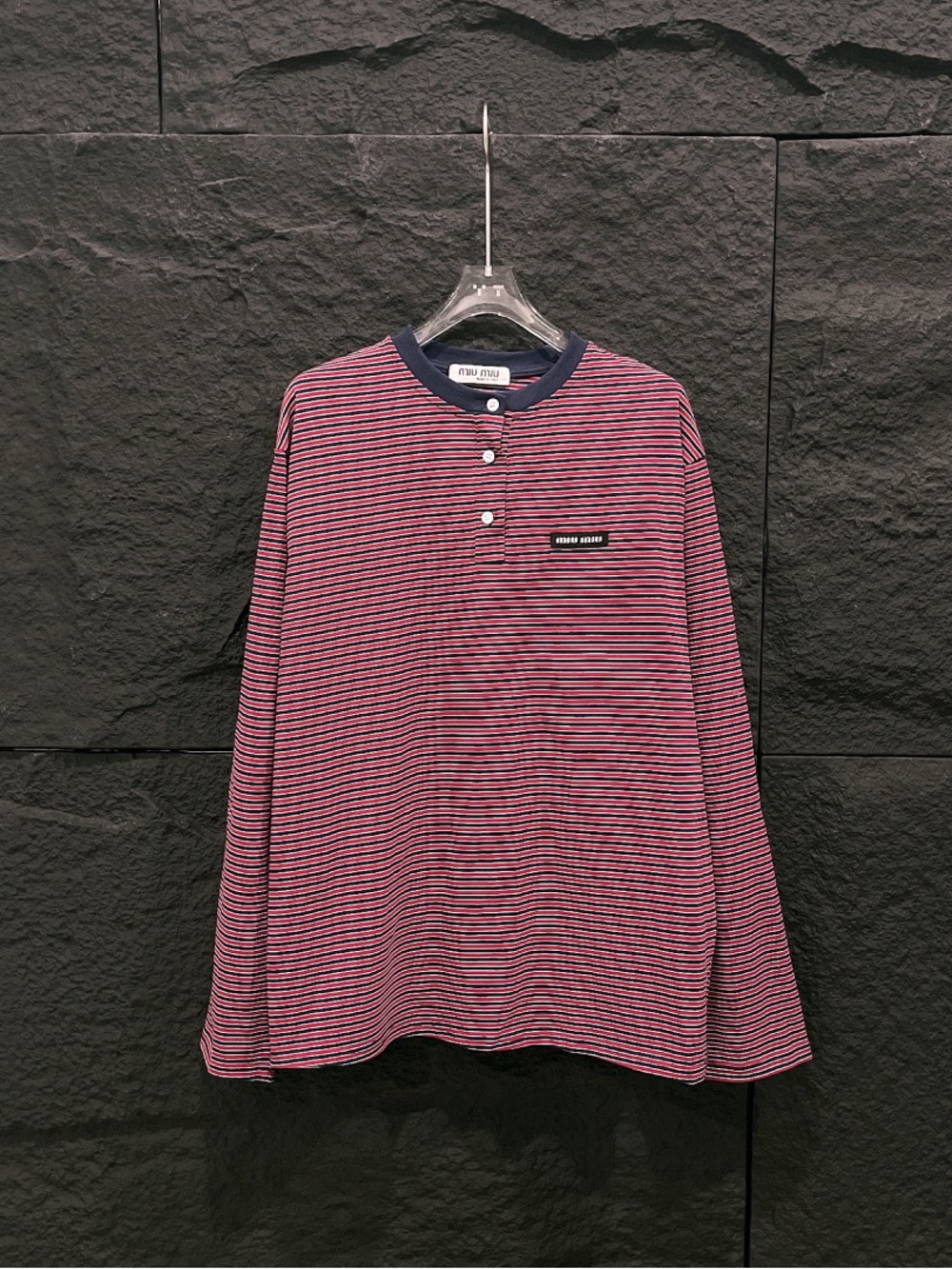 Miu Miu Pink and Navy Striped Long-Sleeve Henley
